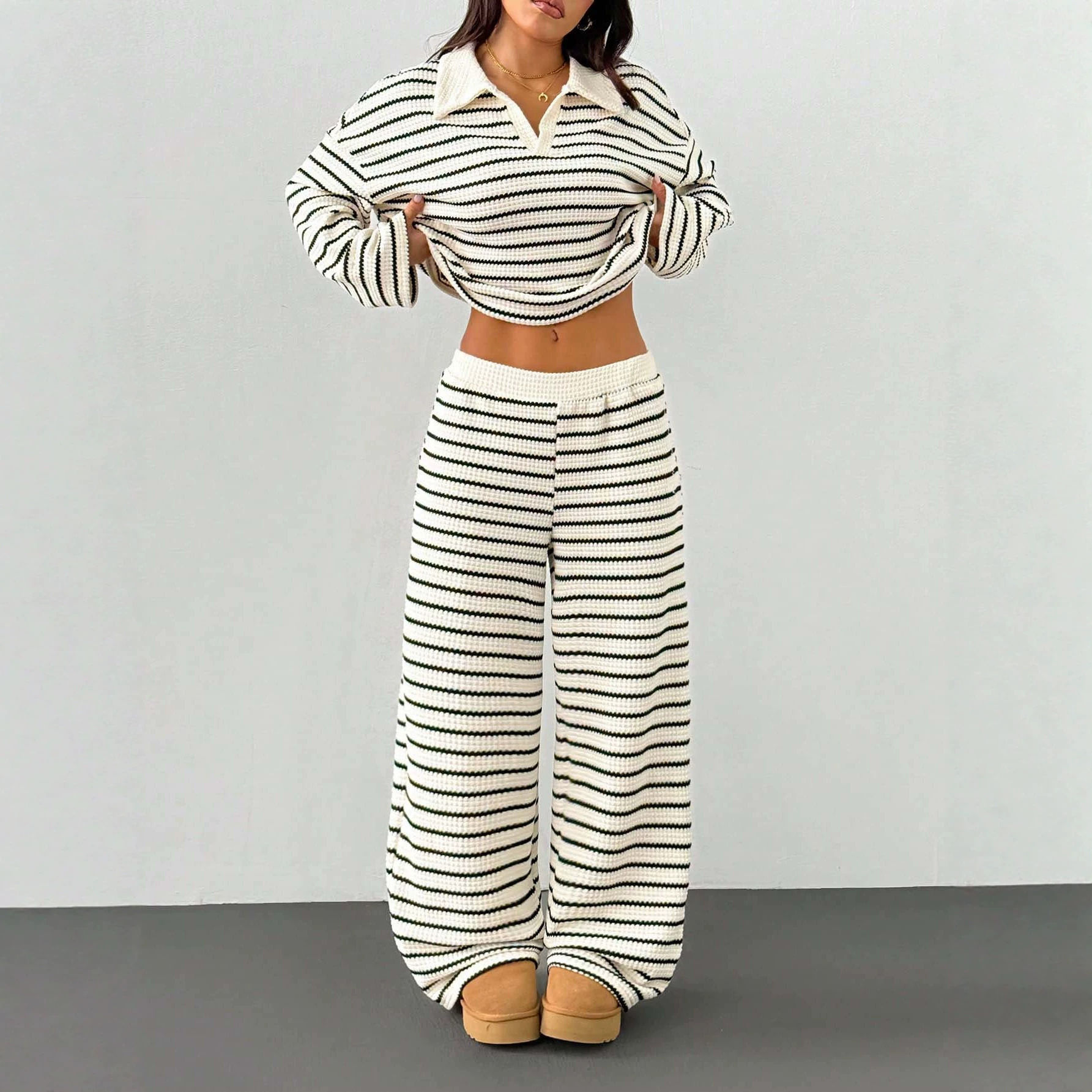 Striped Knitted Color-Block Long-Sleeve Top And Pants Casual Set — foto 8