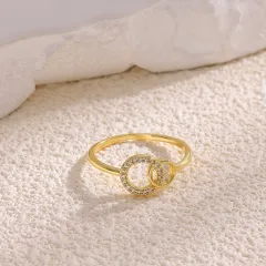 Korean-style Simple Graceful Geometric Diamond-embedded Round Double-ring Buckle Ring - Gold - View 1