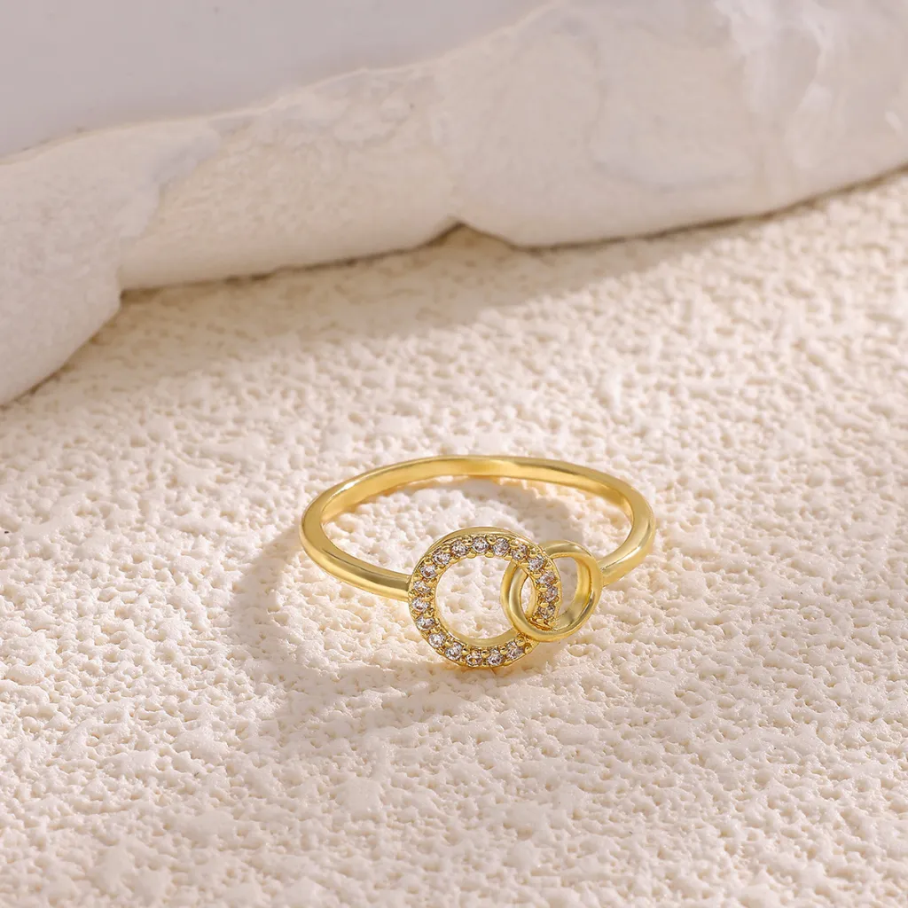Korean-style Simple Graceful Geometric Diamond-embedded Round Double-ring Buckle Ring - Gold
