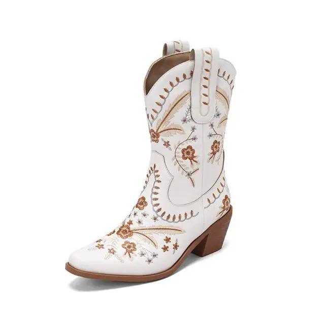 Chunky Heel Embroidery Knee high Cowboy Boots White - Shop at LoveMi