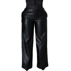 Solid Color Loose Wide Leg Pocket PU Leather Pants - Black - View 1