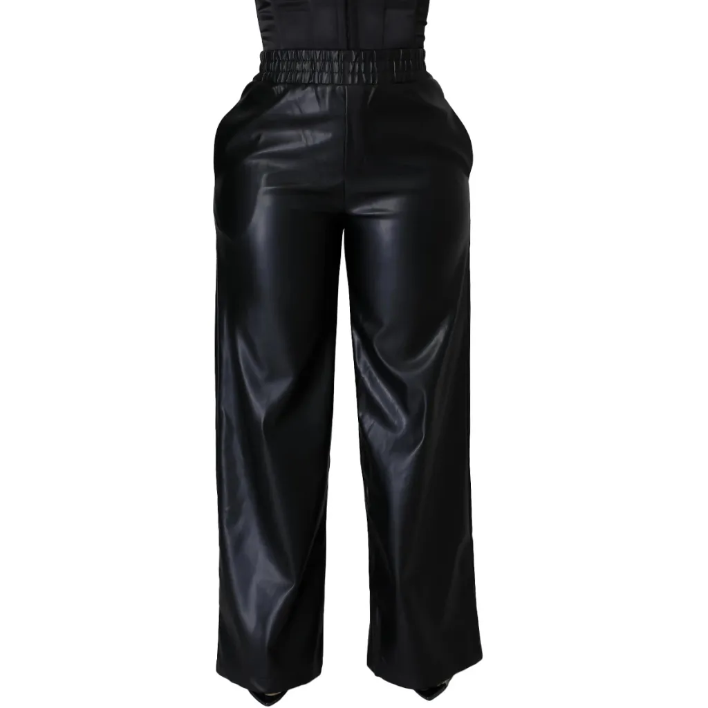 Solid Color Loose Wide Leg Pocket PU Leather Pants - Black