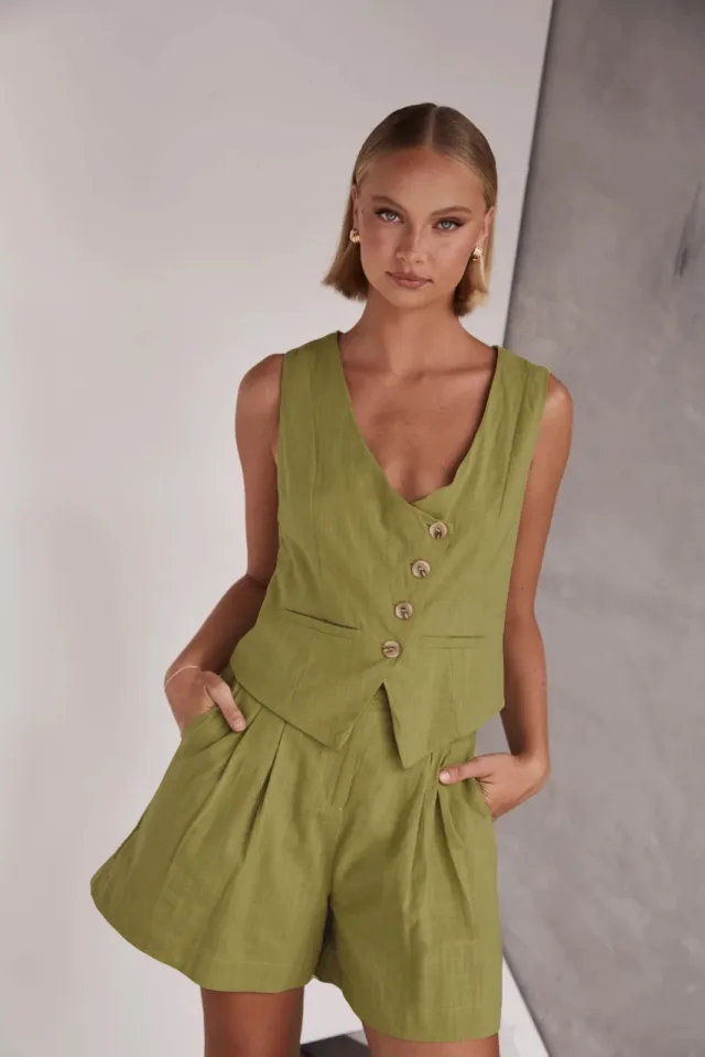 Casual Single breasted Vest V neck Shorts Suit Green - Shop at LoveMi