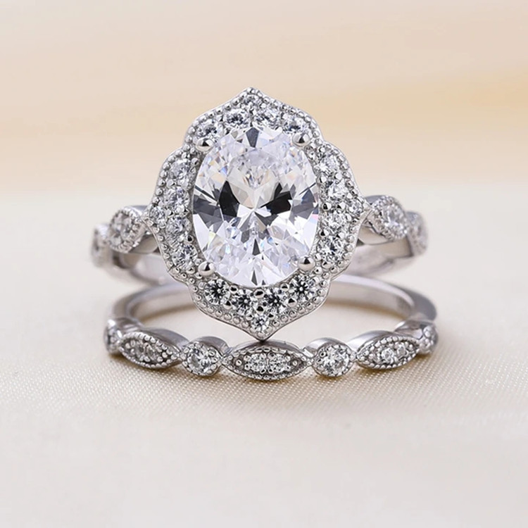 Silver Inlay Simulation Diamond Oval Goose Egg Set Rings