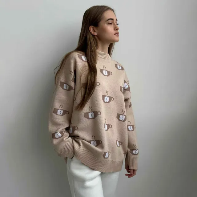 Women's Coffee Loose Long sleeved Knitted Sweater Khaki - Shop at LoveMi