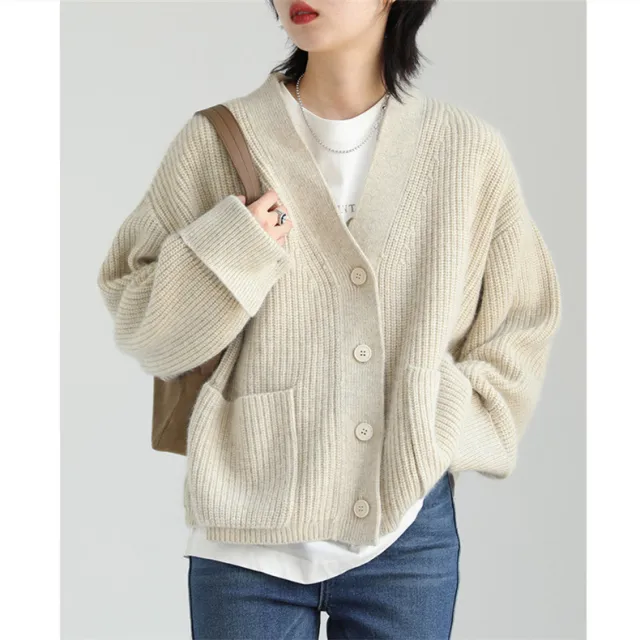 Korean Style Solid Color And V neck Pocket Knitted Cardigan Sweet Cuff Sweater Coat Beige - Shop at LoveMi