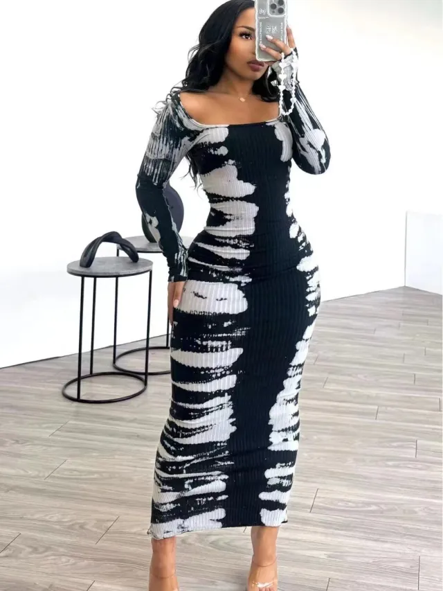 Color Contrast Long Sleeve Square neck Sheath Dress Black - Shop at LoveMi