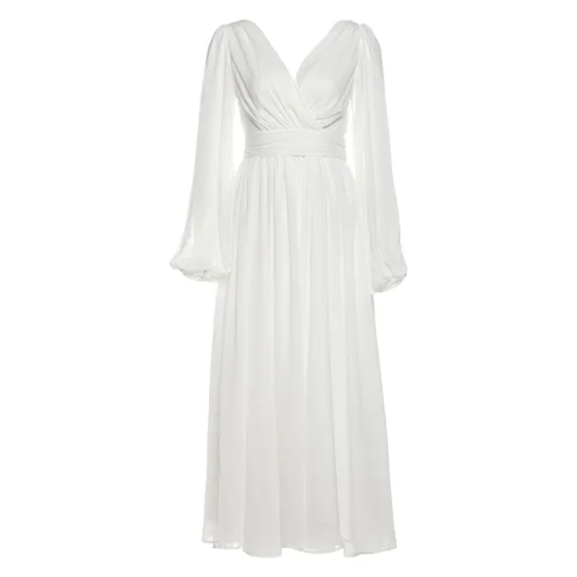 Solid color Chiffon Waist cinching Figure flattering Long sleeve Maxi Dress White - Shop at LoveMi