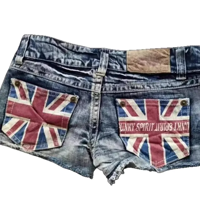 Printed Contrast Color Low Waist Slim Fit Denim Shorts Blue - Shop at LoveMi