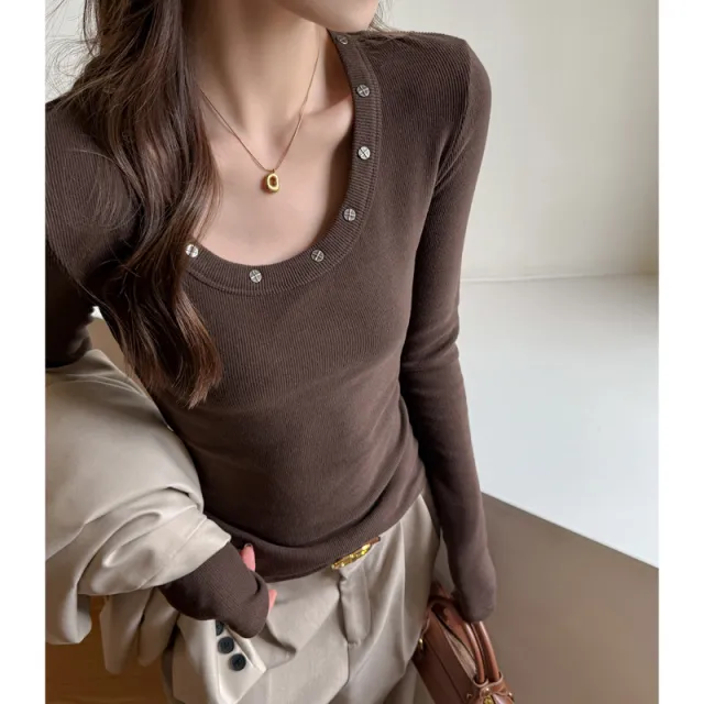 Women's Fashion Versatile Round Neck Studded Long Sleeve T Shirt Coffee - Shop at LoveMi