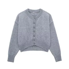 Female Gray High Waist Short Decorated Row Button Knitted Coat - Gray - View 1
