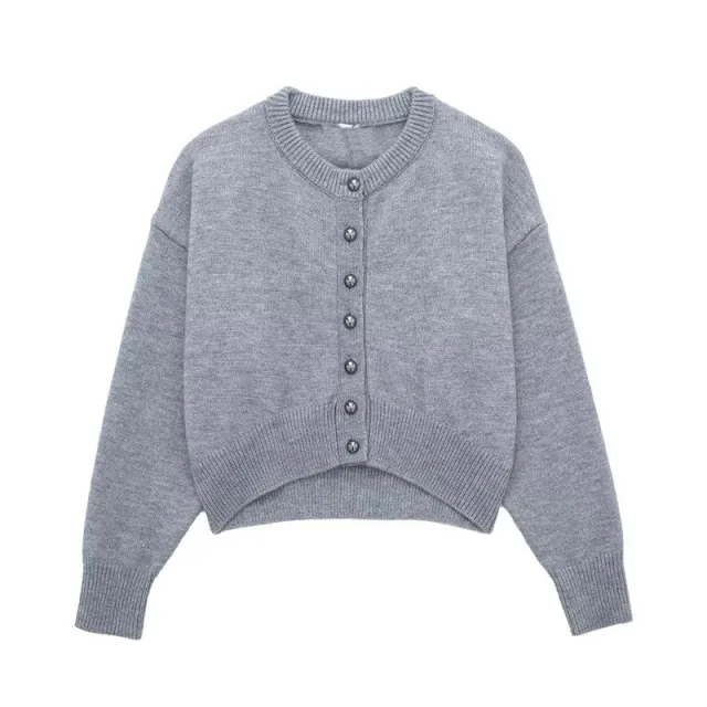 Female Gray High Waist Short Decorated Row Button Knitted Coat Gray - Shop at LoveMi