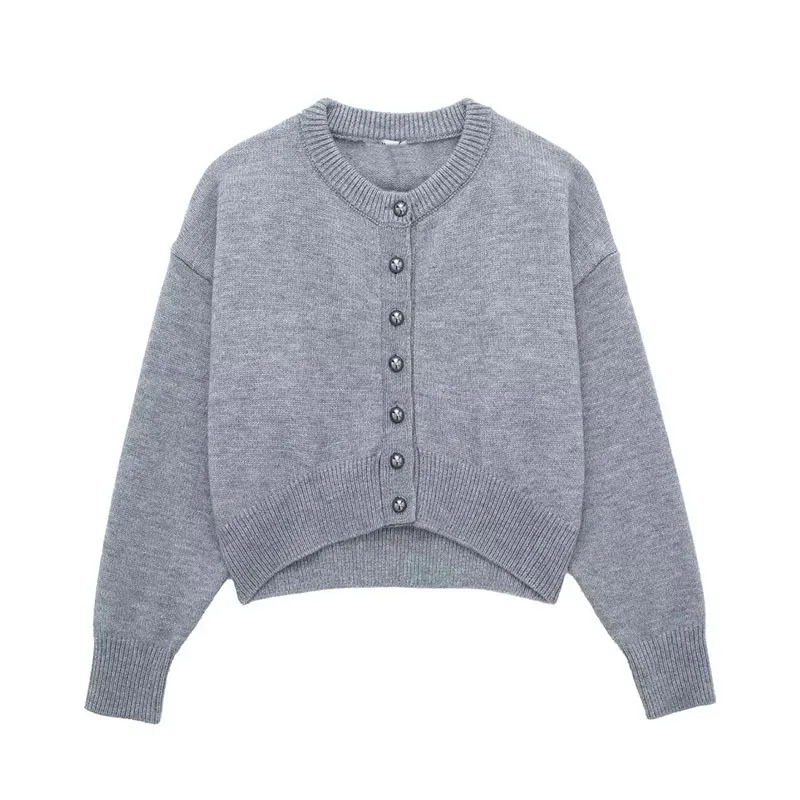 Female Gray High Waist Short Decorated Row Button Knitted Coat - Gray