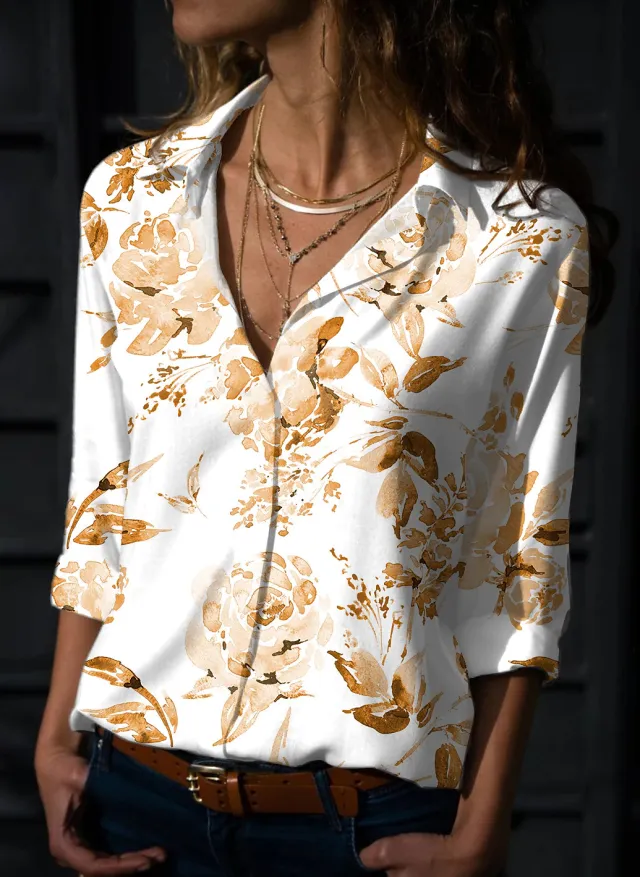 Autumn New Butterfly Print Long sleeved Shirt For Women Flowers Yellow - Shop at LoveMi
