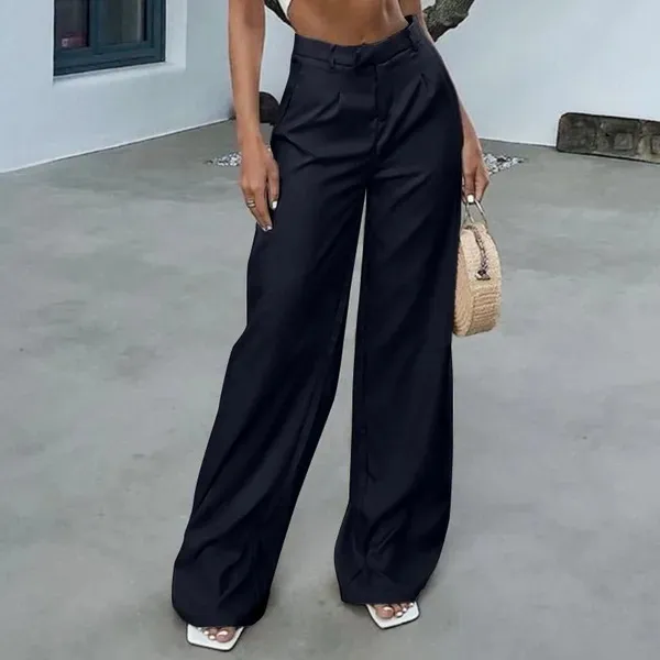 Women's Solid Color Pocket High Waist Trousers Dark Blue - Shop at LoveMi