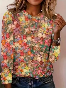European And American Round Neck Long Sleeve Gradient Floral Print - 05 Style