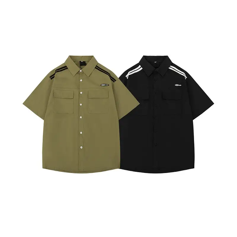 Japanese Style Workwear Simple Striped Army Green Short Sleeve Shirt