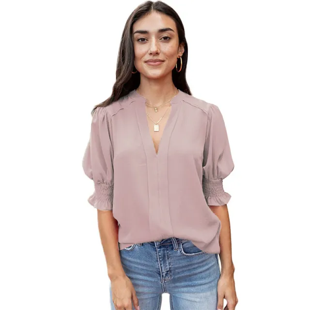 Shiying New V neck Half Sleeve Shirt For Women Pink - Shop at LoveMi