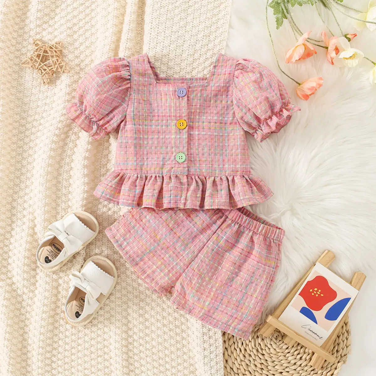 Girls Fashion Personality Plaid Top Shorts Suit