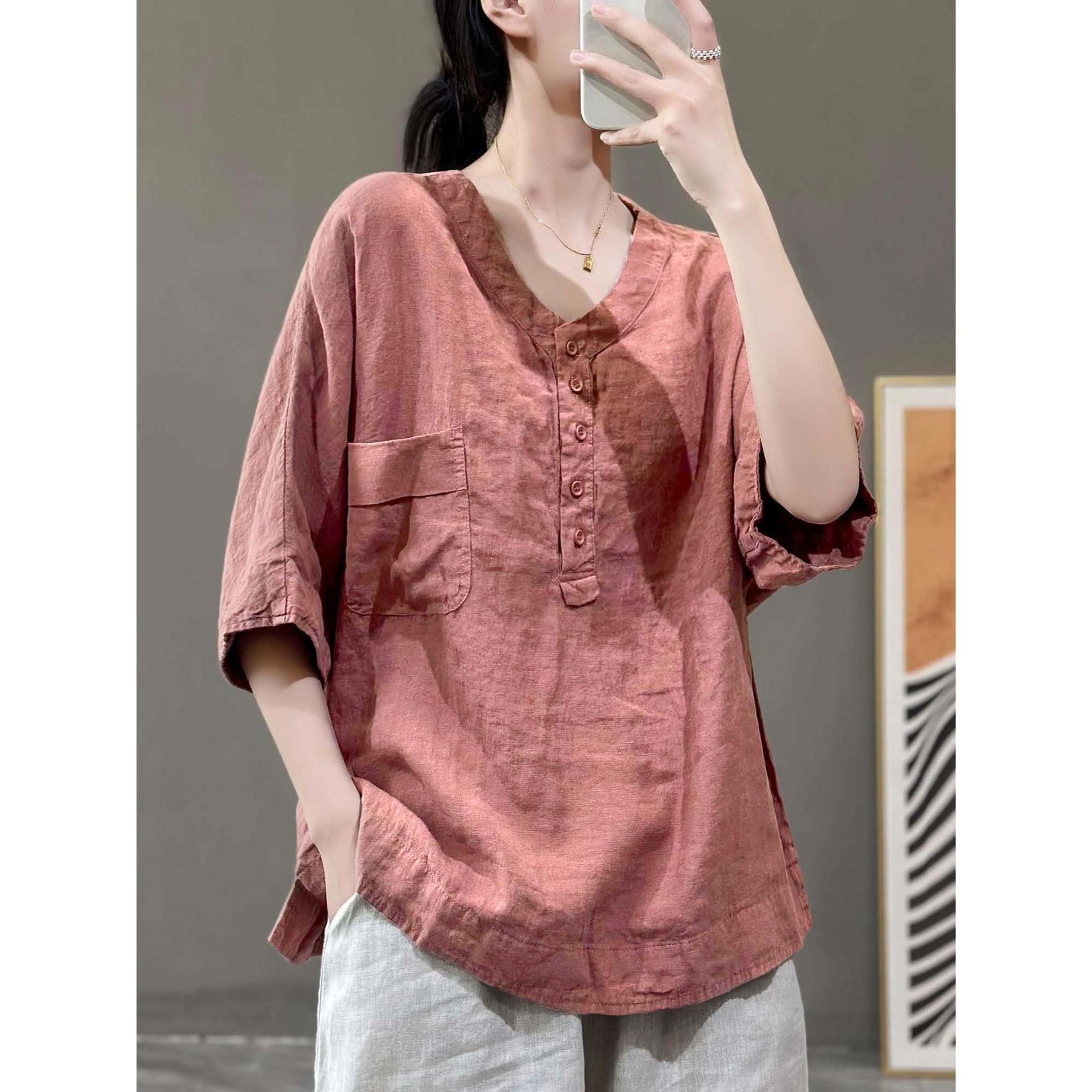 Women's Retro Easy Matching Casual V-neck Short Sleeve