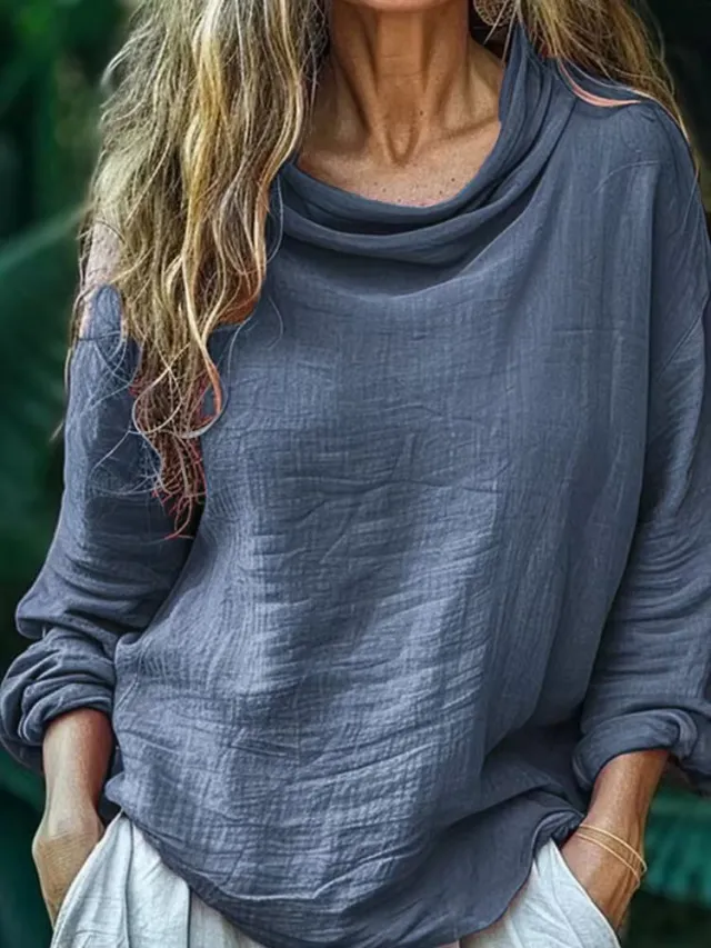 Spring Women's Casual Loose Fashion Long Sleeved Solid Color Pile Collar Pullover Pleated Top Blue - Shop at LoveMi