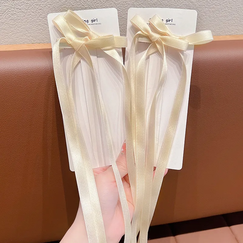 Ribbon Bowknot Long Girl Princess Braided Hairpin - Beige Ribbon