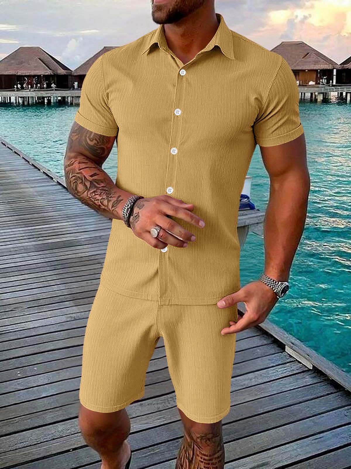 Men's Casual Button-up Short-sleeve Top And Shorts Two-piece Set - Image 8
