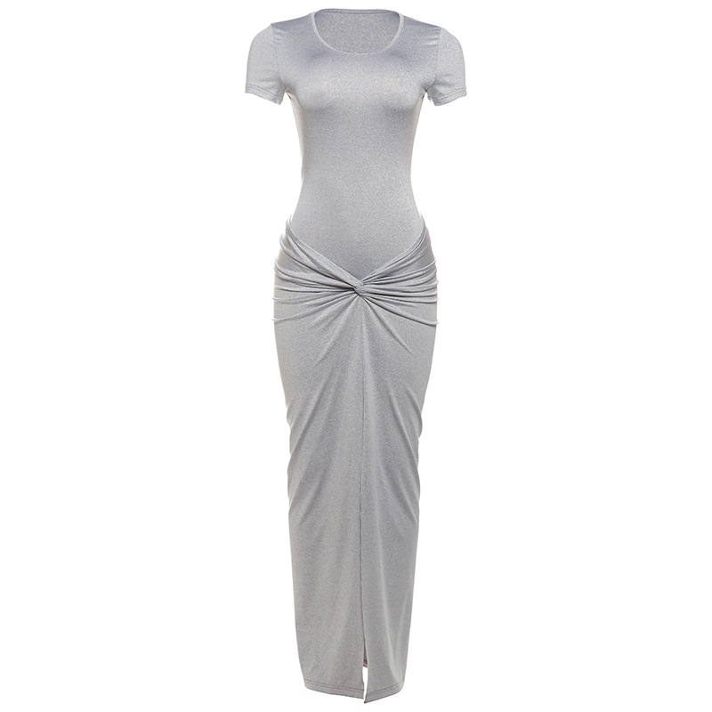 Women's Solid Color Sexy Slim Hip Round neck High Waist Fold Split Dress Gray - Shop at LoveMi