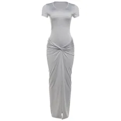 Women's Solid Color Sexy Slim Hip Round-neck High Waist Fold Split Dress - Gray - View 1