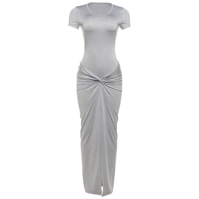 Women's Solid Color Sexy Slim Hip Round neck High Waist Fold Split Dress Gray - Shop at LoveMi