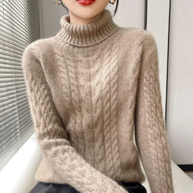Thickened Turtleneck Slim Fit Cable knit Sweater Vintage Sweater Khaki - Shop at LoveMi