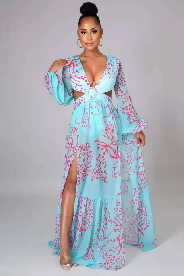 Fashion Printed Lantern Long Sleeve V neck Slit Dress Light Blue - Shop at LoveMi