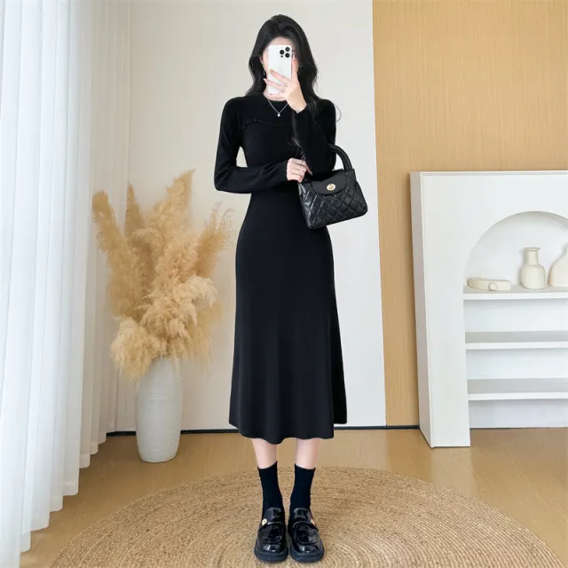 Gentle Waist controlled Slimming Long Sleeve Knitted Dress Black - Shop at LoveMi