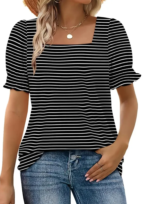 Spring And Summer New Fashion Simple U neck Petal Sleeve Loose T shirt Black Stripes - Shop at LoveMi