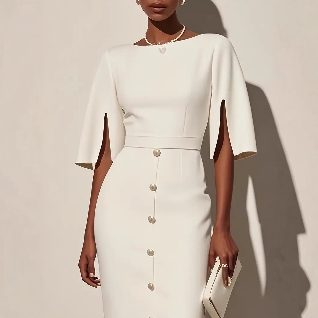 Summer Solid-Color Crew-Neck Defined-Waist Dress With Slit And Buttons