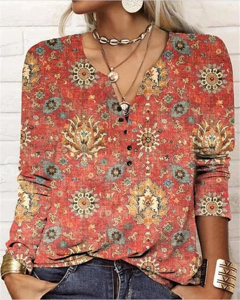 Women's Casual Ethnic Style V-neck Long-sleeved T-shirt - 3 Colors-5Xl