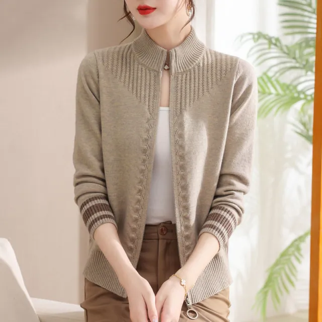 Stand Collar Zipper Wool Cardigan Coat For Women Light Camel - Shop at LoveMi