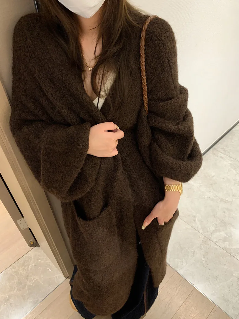 Lantern Sleeve Long Cardigan Loose Thick And All-match Lazy Knitted Sweater Coat Top - Brown