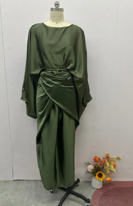 Batwing Sleeve Belt Waist Slimming Solid Color Dress Olive Green - Shop at LoveMi