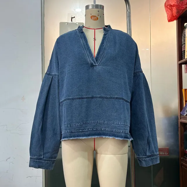 New V neck Long Sleeve Loose Stitching Denim Long Sleeve Loose All matching Top Dark Blue - Shop at LoveMi