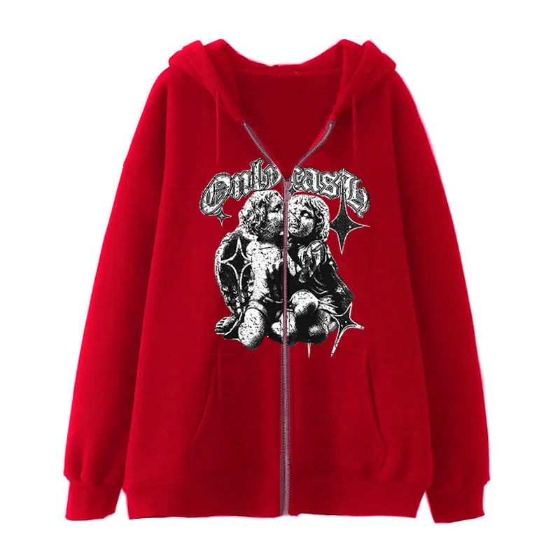 Women's Casual Hoodie Wings Angel Zipper Sweater - Red