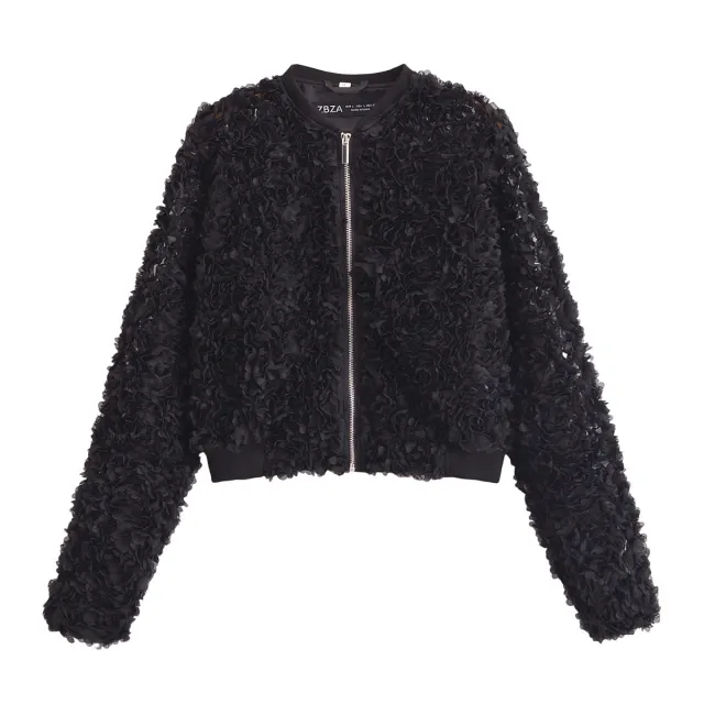 Flower Decoration Loose Short Jacket Black - Shop at LoveMi