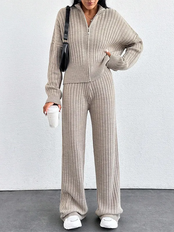 Autumn And Winter New European And American Women's Casual Loose Zip Top And Trousers Two piece Set Khaki - Shop at LoveMi