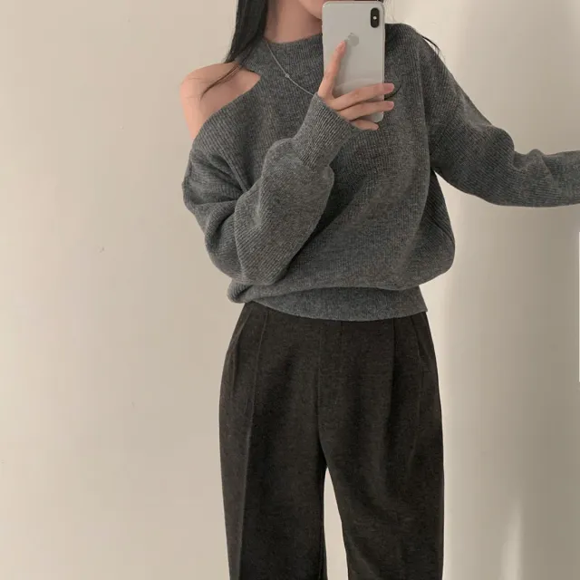 Retro Crew Neck Hollow Out Shoulder baring Loose Sweater Gray - Shop at LoveMi