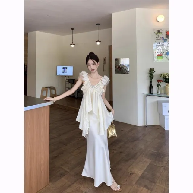 V neck Irregular Ruffled Shirt Satin Skirt Fashion Suit Suit M - Shop at LoveMi