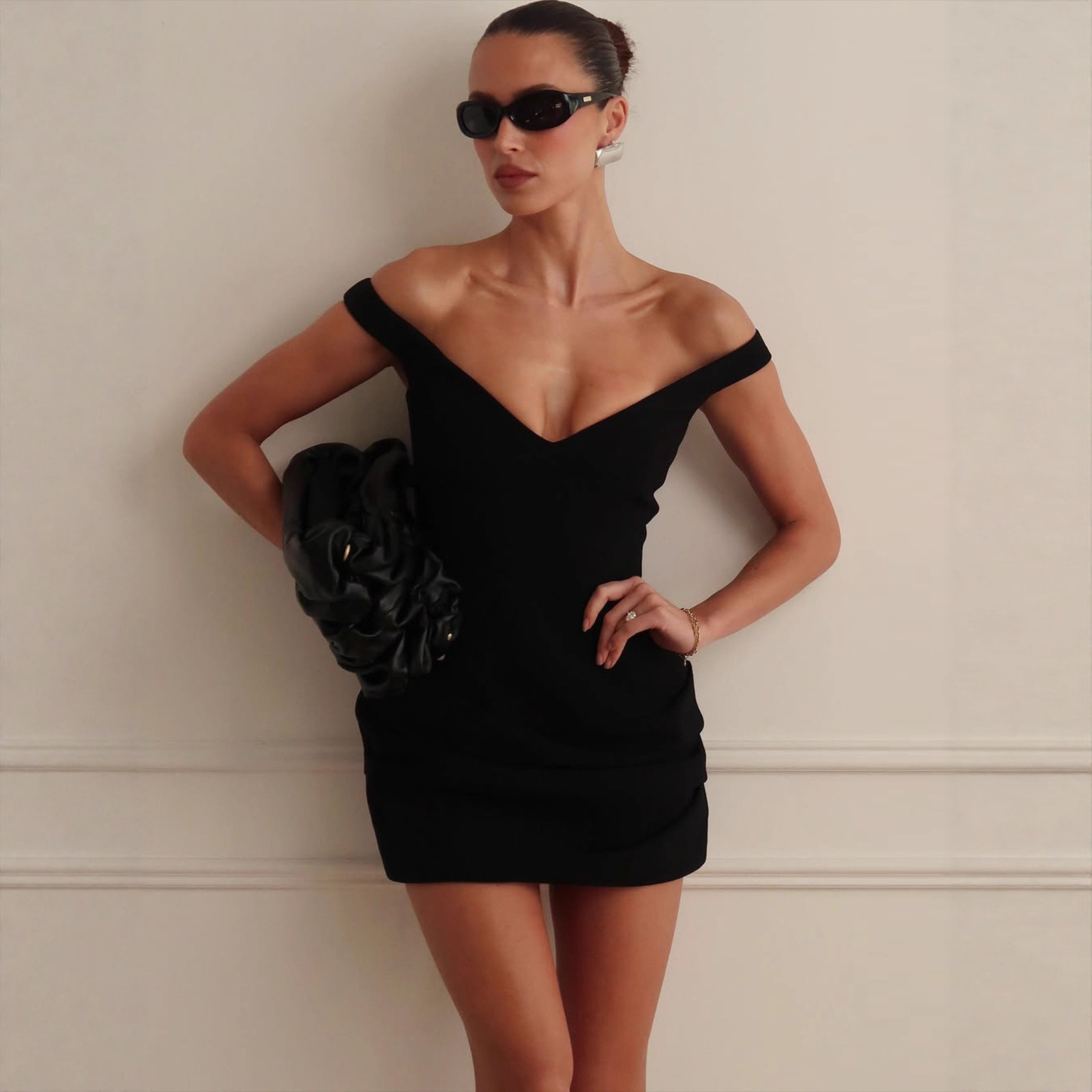Sexy Temperament V neck Low cut Solid Color Slim fitting Bodycon Dress Black - Shop at LoveMi