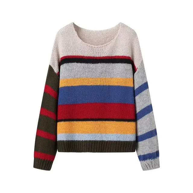 Women's Round Neck Rainbow Striped Sweater Color - Shop at LoveMi