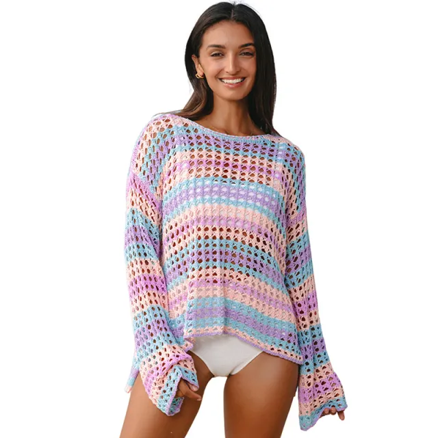 Pullover Round Neck Blouse All match Multicolor Long Sleeve Multicolor - Shop at LoveMi