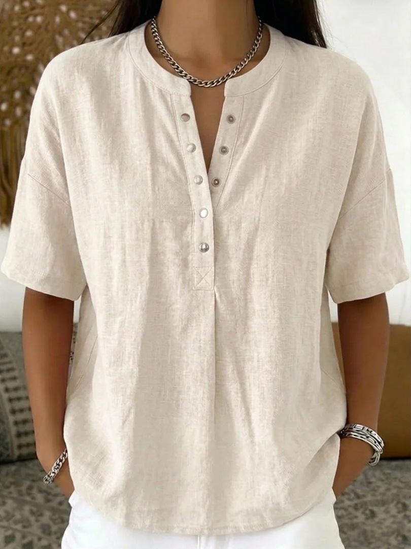 Women's solid color pullover top in yellow, full outfit lifestyle photo