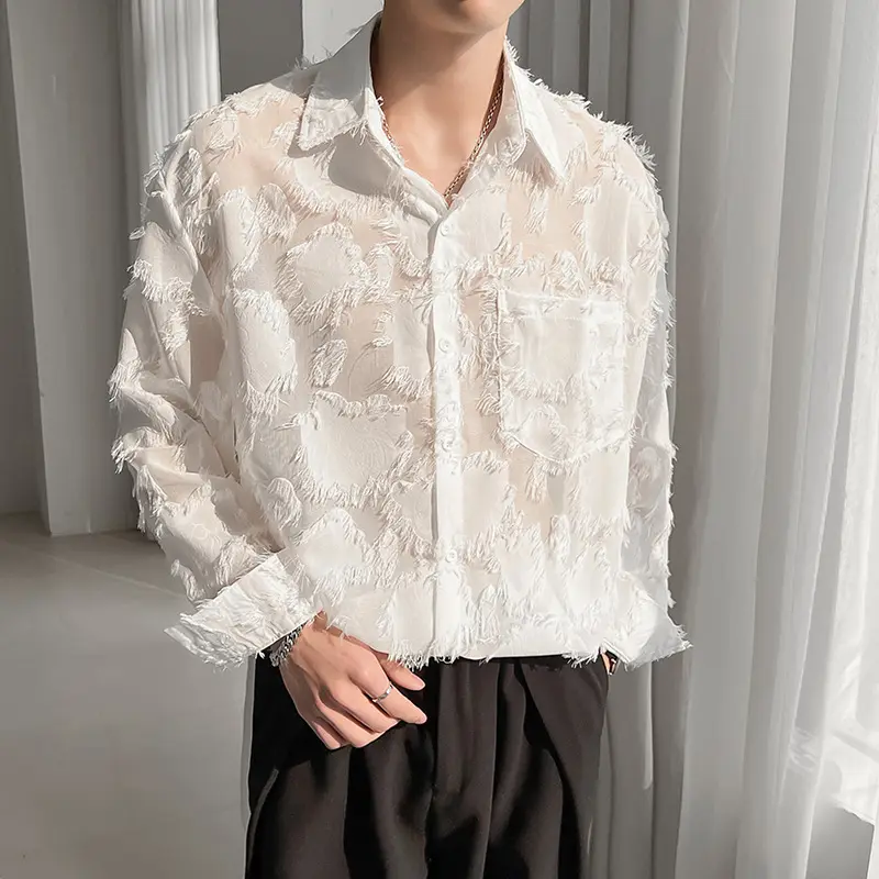 Sexy Hollow-out Sky-blue Solid-color Long-sleeve Shirt Niche-style